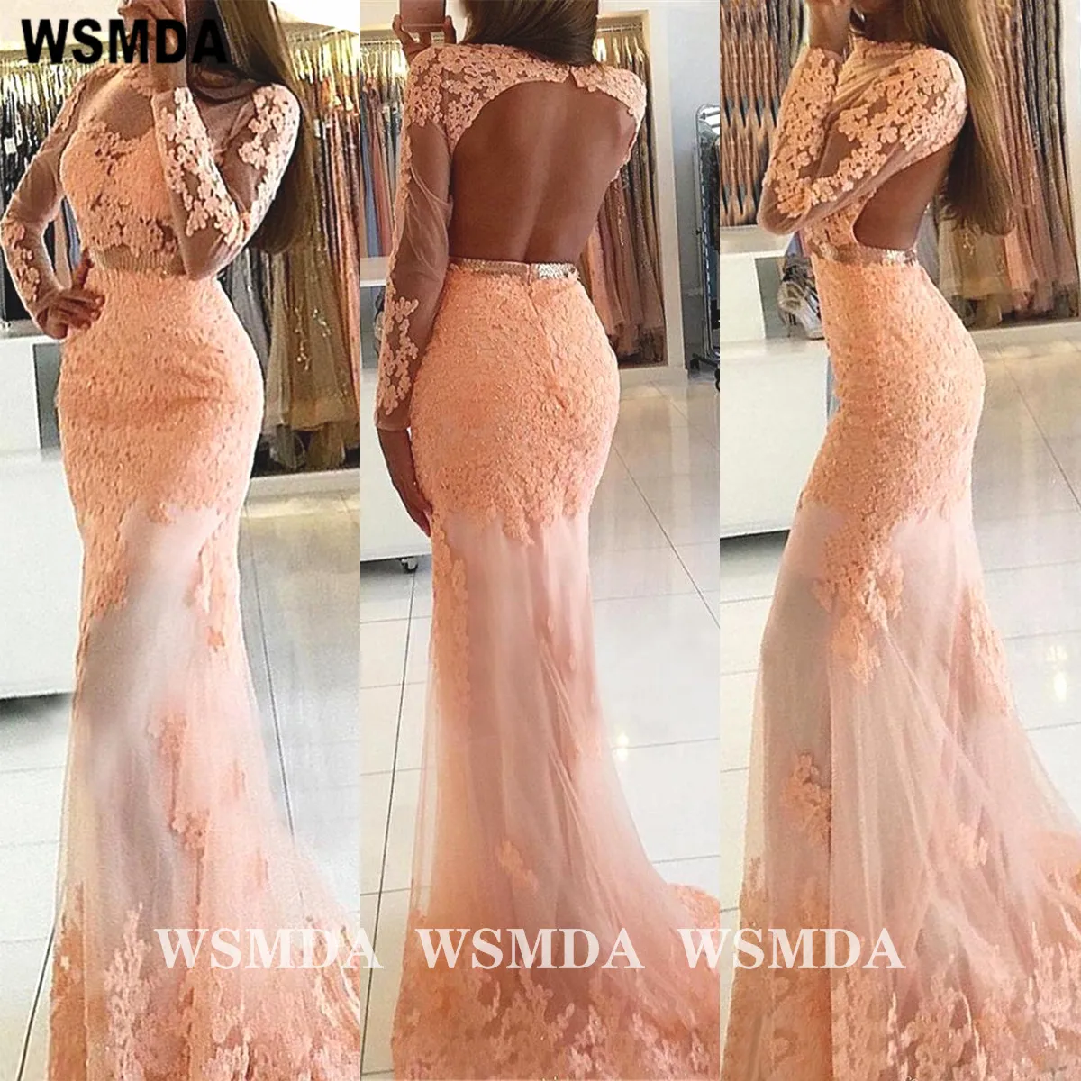 Vestido de baile de cauda estilo sereia, renda rosa, com mangas compridas, formal, para noite