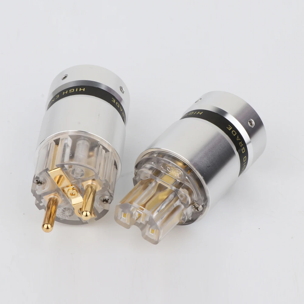 P080G High quality pair Audio Aluminum gold Plated Schuko EU Male Connector+IEC Female Plug