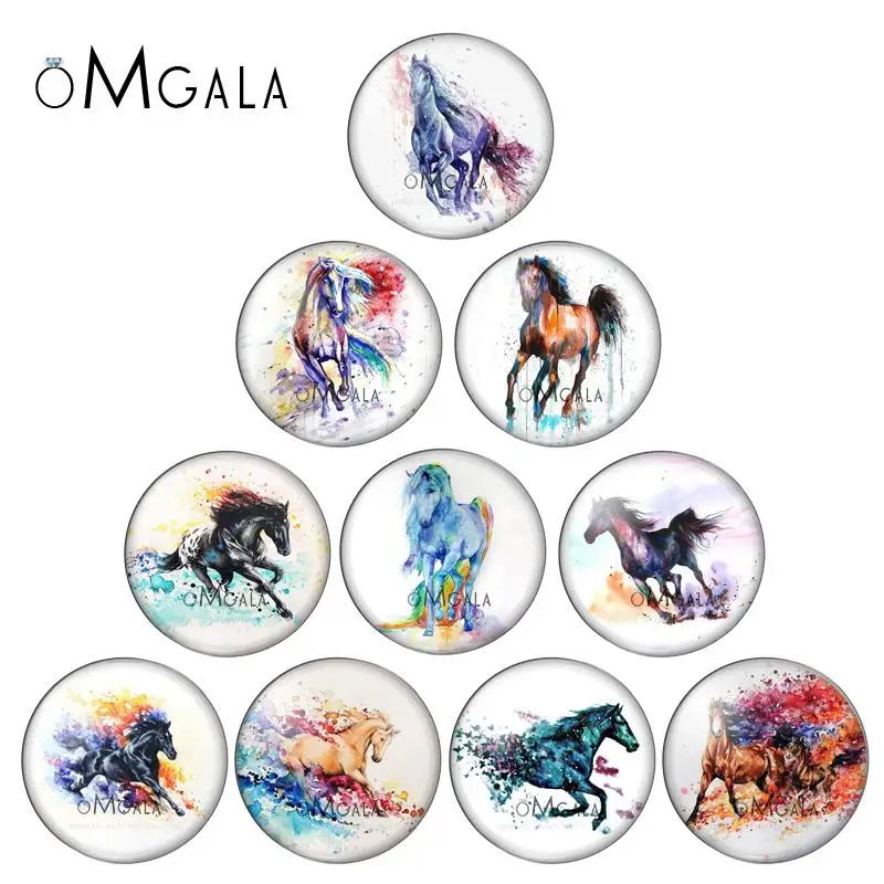 

New Watercolor Galloping Horse Paintings 10pcs mix 12mm/16mm/18mm/25mm Round photo glass cabochon demo flat back Making findings