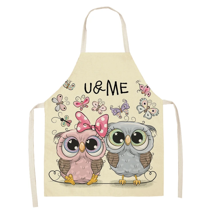 New Owl Flower Cartoon Pattern Printed Cotton and Linen Female Apron Household Daily Kitchen Cooking and Baking Oil-proof Bib