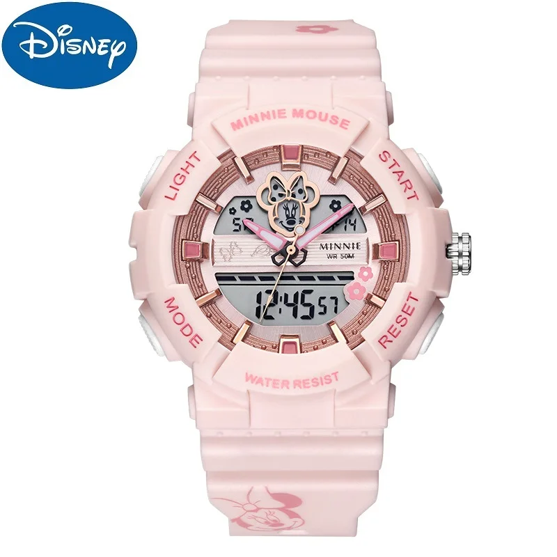 Disney Minnie Mouse Woman Sport Dual Display Wristwatch MultiFunction Stop Watch Waterproof Youth Lady Student Girl Led Luminous