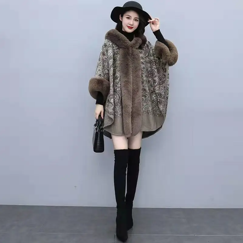 Hot Sale Fashion Cashew Flower Shawl Poncho Cape Autumn Winter Retro Style Soft Cashmere Rabbit Fur Hooded Coat for Women