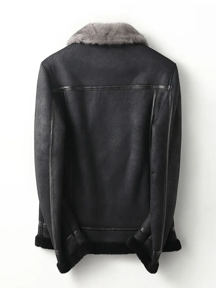 High Quality Sheepskin Fur Coat Lapel Genuine Leather Clothes Shearling Jacket Mens Mink Collar