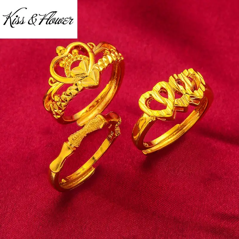 KISS&FLOWER RI86 Fine Jewelry Wholesale Fashion Woman Girl Birthday Wedding Gift  Heart Bamboo Joint 24KT Gold Resizable Ring