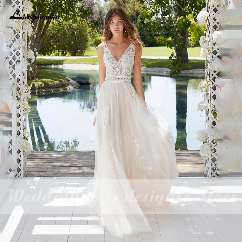 Robe de mariée en dentelle Boho A-ligne, robe de mariée en tulle, robe de mariée de plage, tout ce qui est personnalisé, nouveau