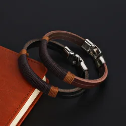 2024 Trend Genuine Leather Bracelet Men Jewelry Double Layer Brown Leather Braided Rope Bracelets & Bangles For Women Pulseras