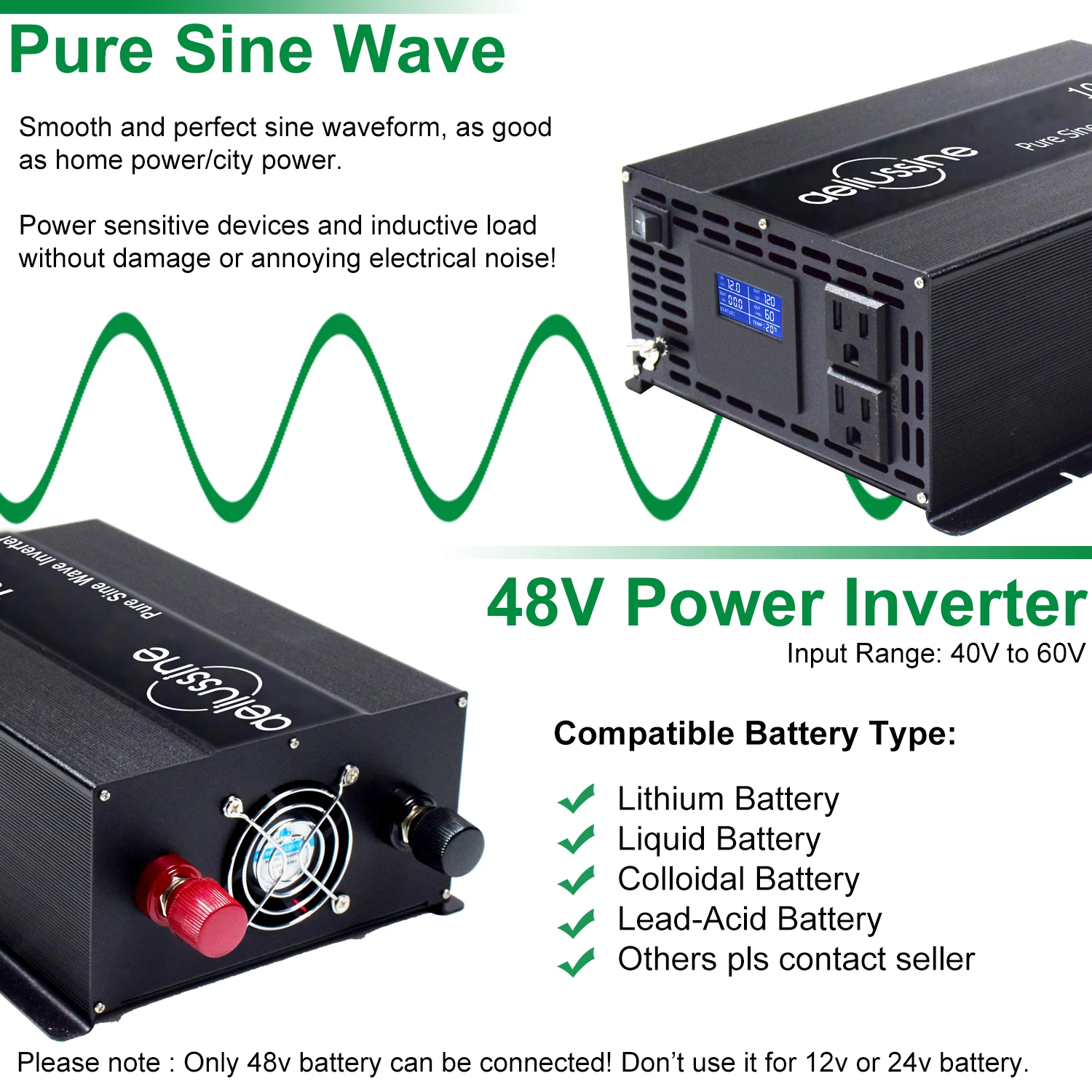 Imagem -02 - Pico de Onda Senoidal Pura Inversor Solar Inversor de Energia 1000w 12v 24v 36v 48v dc para 120v 220v 230v 240v Conversor de Voltagem ac Display Lcd 2000w