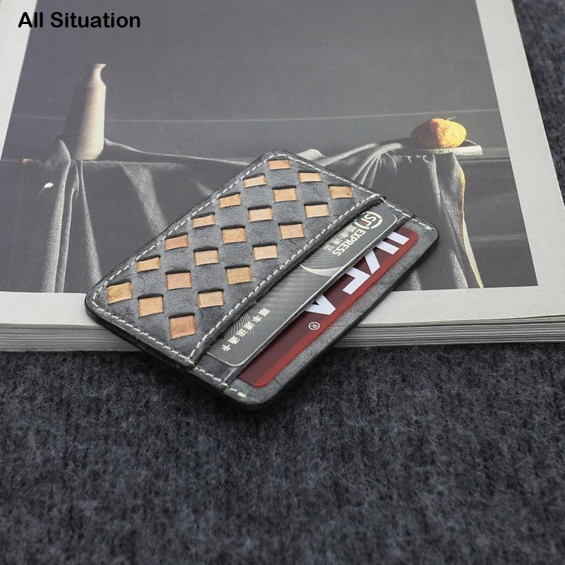 

Luxury Mini Thin Credit Card Purses Genuine Leather Top End Knitting Slim ID Bus Card Case Retro Identity Holder Wallets Pouch
