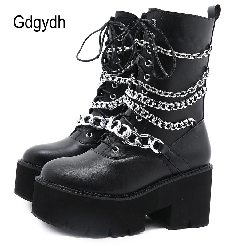 Gdgydh Goth Mid Calf Boots Platform Lace Up Metal Chains Women Motorcycle Boots Chunky Heel Punk Gothic Shoes Black Waterproof