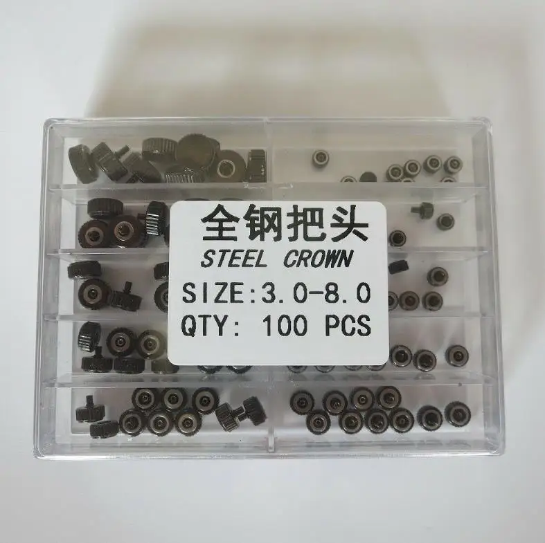 W1113 Assortment of Golden Silvery Black Rose Gold Color Steel Watch Crown 3.0mm to 8.0mm Head Diameter Tap 0.9mm 100pcs/set