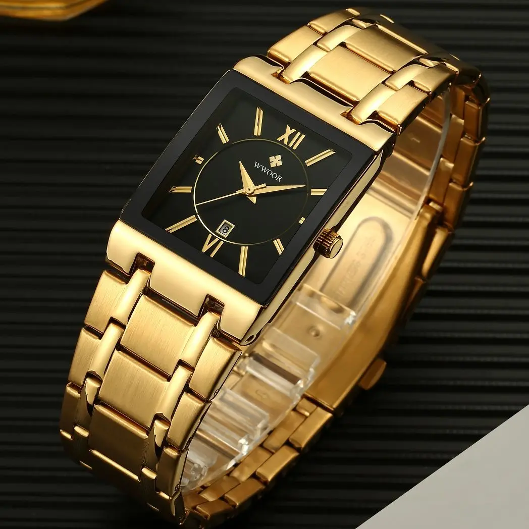 Fashion Stainless Steel Watches Men 2024 WWOOR Square Waterproof Quartz Watch Men Top Brand Luxury Gold Black Wristwatch For Man