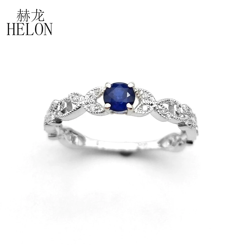 HELON Solid 14K White Gold Flawless 4mm Round 100% Genuine Sapphires & Natural Diamonds Wedding Ring Vintage Fine Jewelry