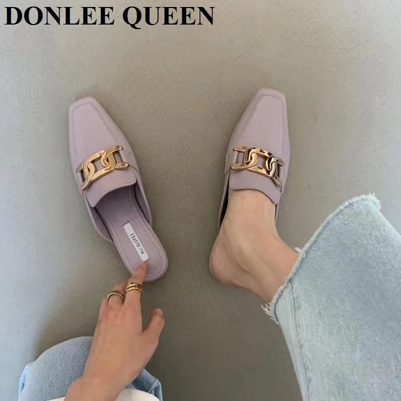 2021 Spring Fashion Women Flat Slippers Close Toe British Style Mule Shoes Brand Loafer Casual Slip On Slides Outdoor Flip Flops