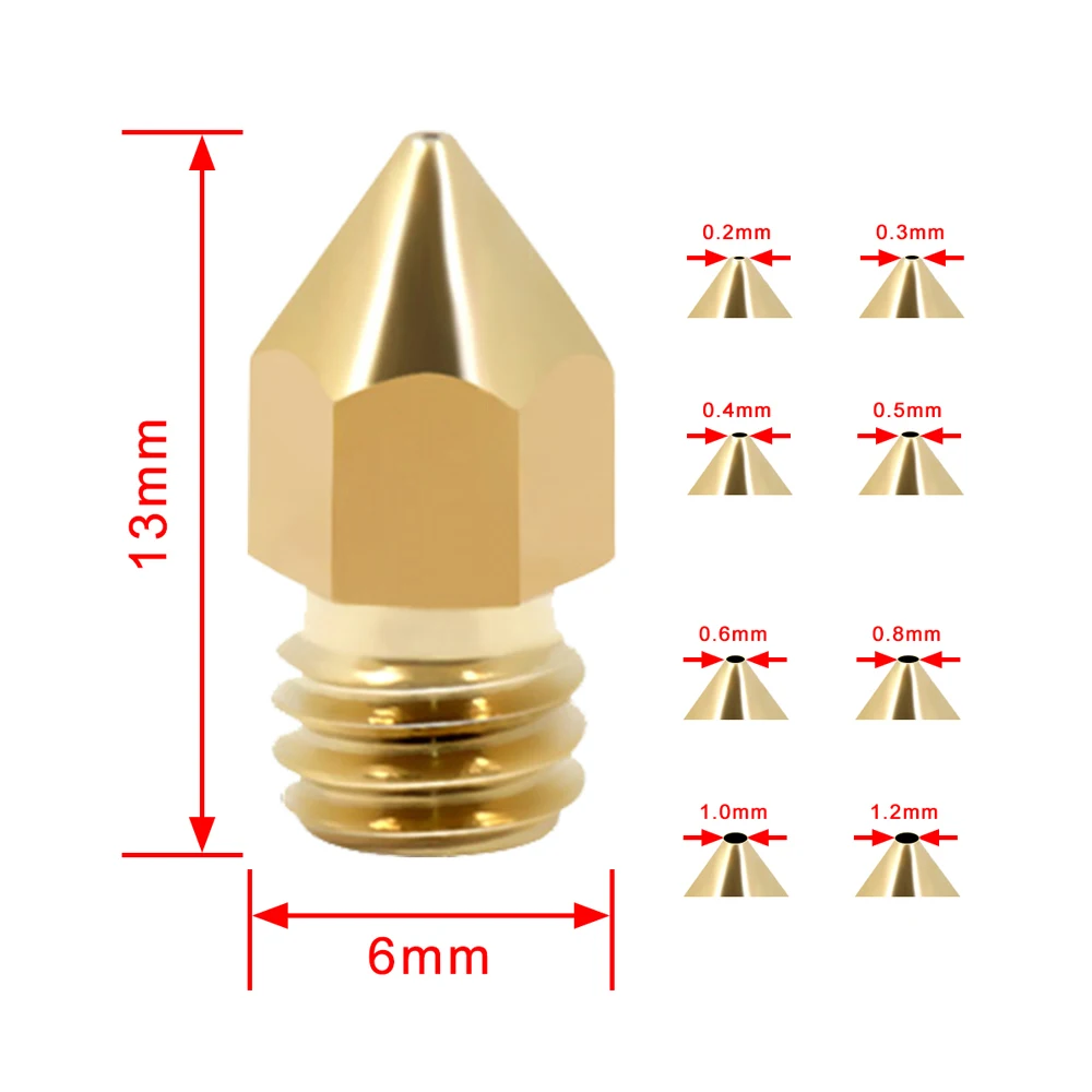 22PCS MK8 Nozzle Set 0.2/0.3/0.4/0.5/0.6/0.8/1.0mm Option 3D Printer Parts Golden Extruder Printing Head for Printer 3D