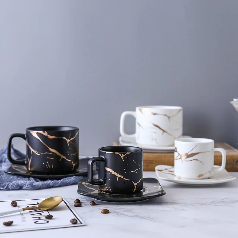 Luxury Marble Ceramic Mugs Coffee Cup Saucer Sets Morning Mug Milk Coffee Tea Breakfast Porcelain Cup With Tray Drop Ship