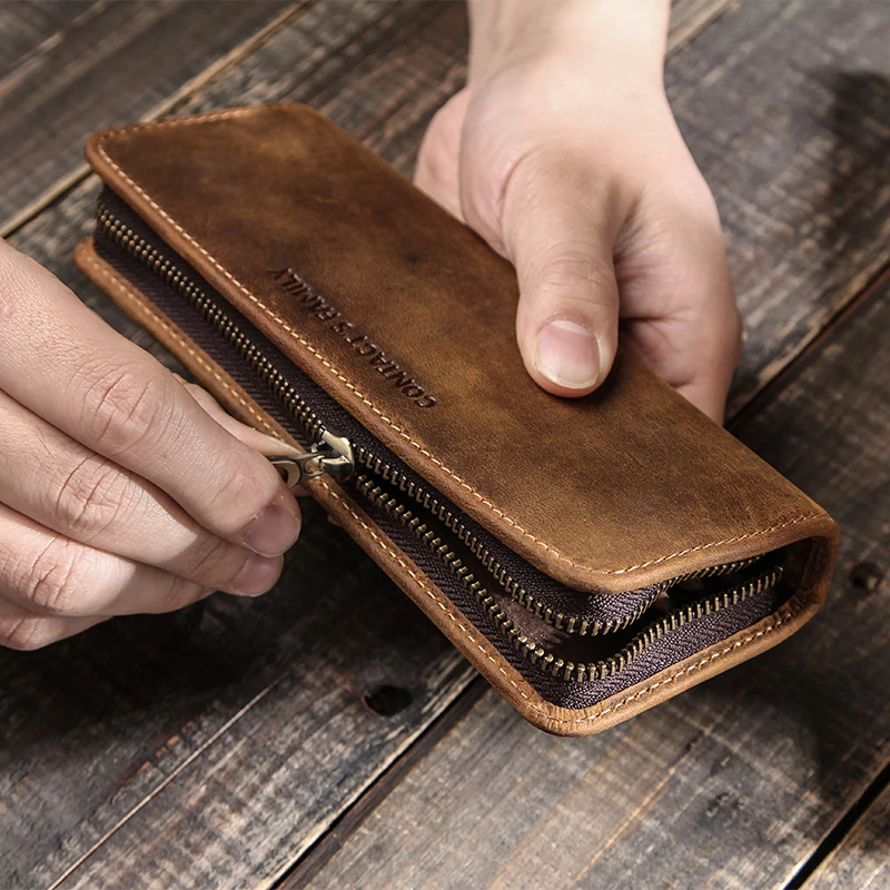 วัวแท้หนังซิปปากกากระเป๋าดินสอกระเป๋าปากกากระเป๋า Retro ดินสอกรณีเครื่องเขียนโรงเรียนกระเป๋าสำหรับปากกาน้ำพุง่ายสไตล์