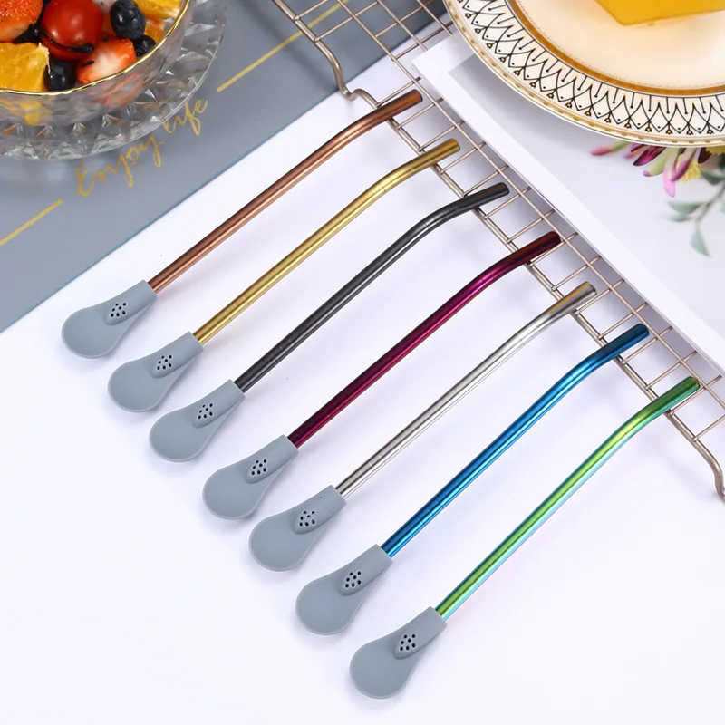 

10pcs 304 stainless steel silicone straw with spoon creative detachable coffee tea filter beverage straw spoon bar supplies