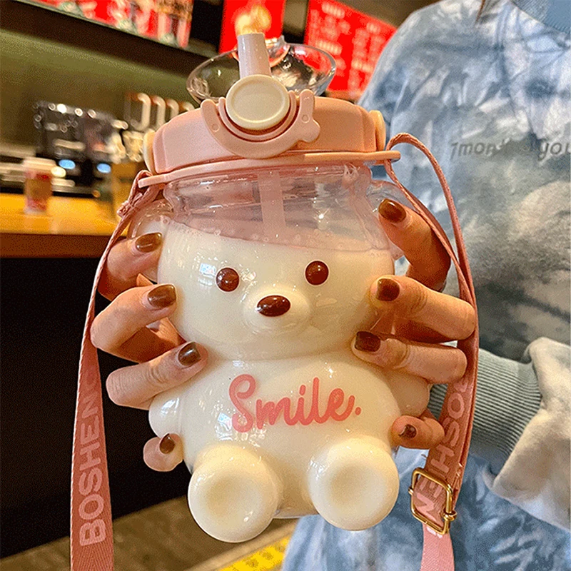 Kawaii Bear Plastic Water Bottle With Straw Portable Strap Cute Kids Bottles For Girls Summer Large Capacity Milk Bubble Tea Cup