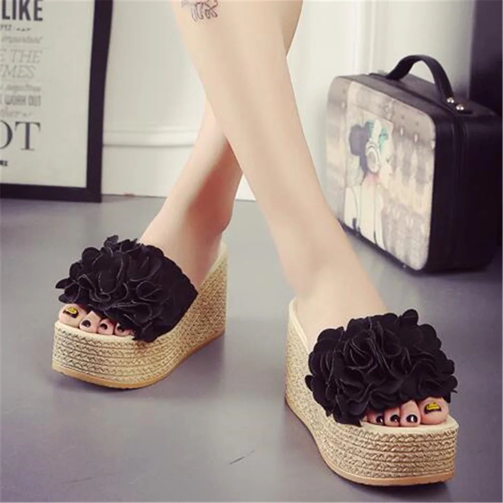 Fashion Women's Summer Wedges Bow-Knot Slippers Slip-On Shoes Female Peep Toe Breathable Soft Platform Muffin Heel Beach Slides