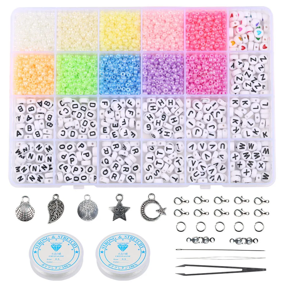 Round Acrylic Letter Glass Seed Beads Set For Bracelet Jewelry Making Bulk Needlework DIY Accessories Plastic Alphabet Bead Kits