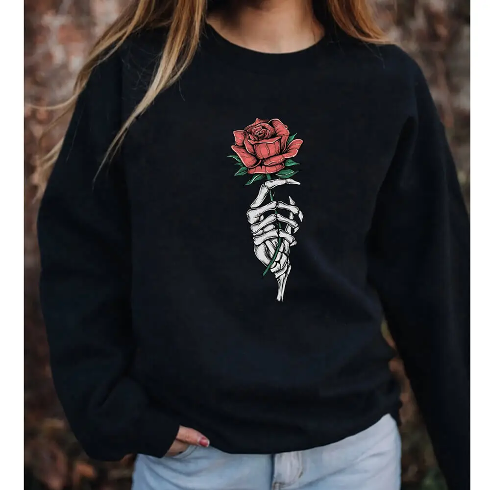 

Skeleton Hand Rose Halloween Sweatshirt New Arrival Women's Funny Casual 100%Cotton Long Sleeve Tops Autumn Tops Fall Sweatshirt