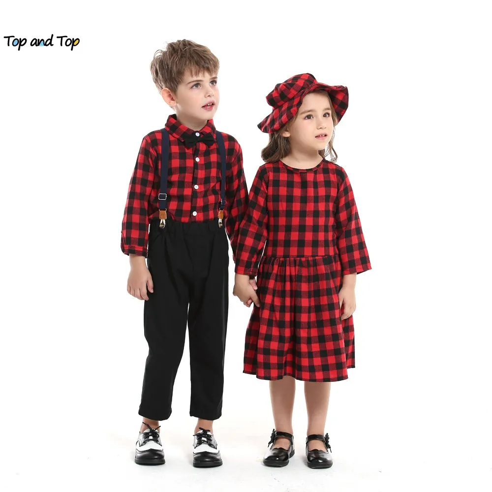 top and top Autumn Winter Brother and Sister Plaid Matching Outfits,Kids Boys Gentleman Clothes+Girls Casual Princess Outfits