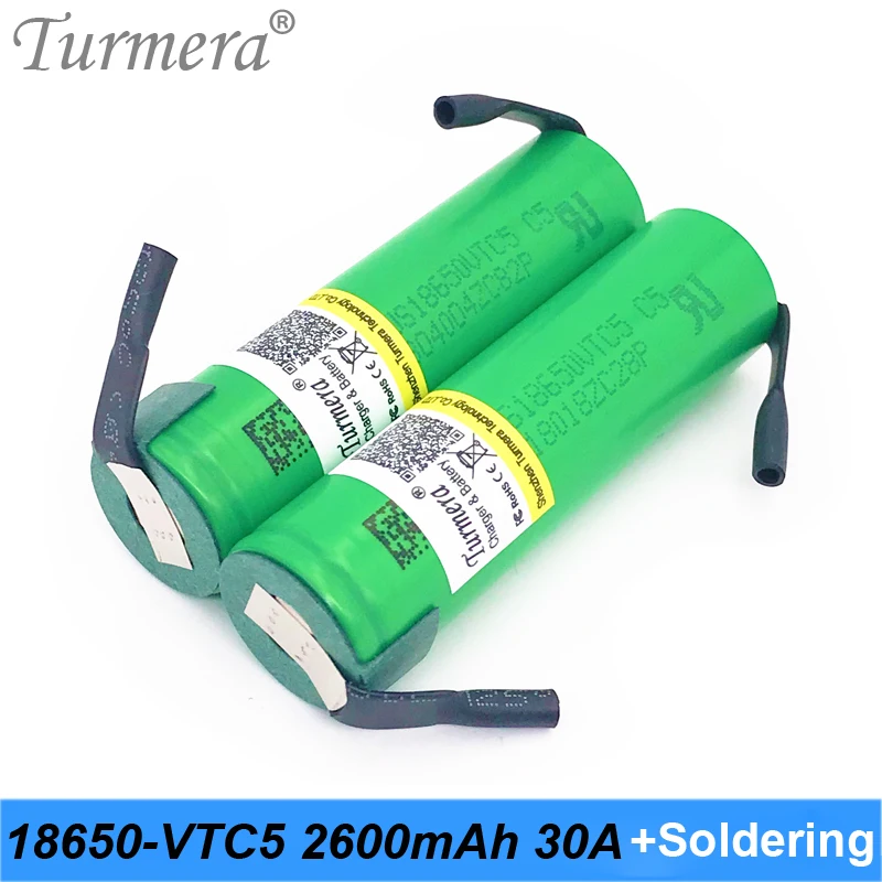 Turmera 30A Soldering Nickel 18650 VTC5 2600mAh Battery for Screwdriver Electric Drill Battery 12V 16.8V 18V 25V and E-bike Use