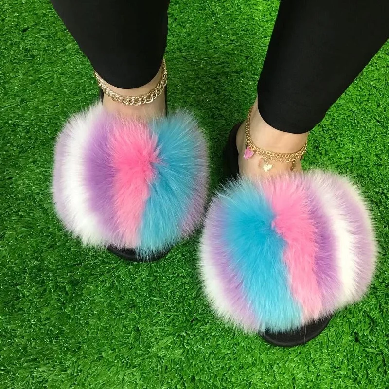 Fashion Fluffy Fur Slides Women Fox Fur Slippers Open Toe Slippers Shoes Sandals Furry Fuzzy Plush Flip Flops Summer Hot Selling