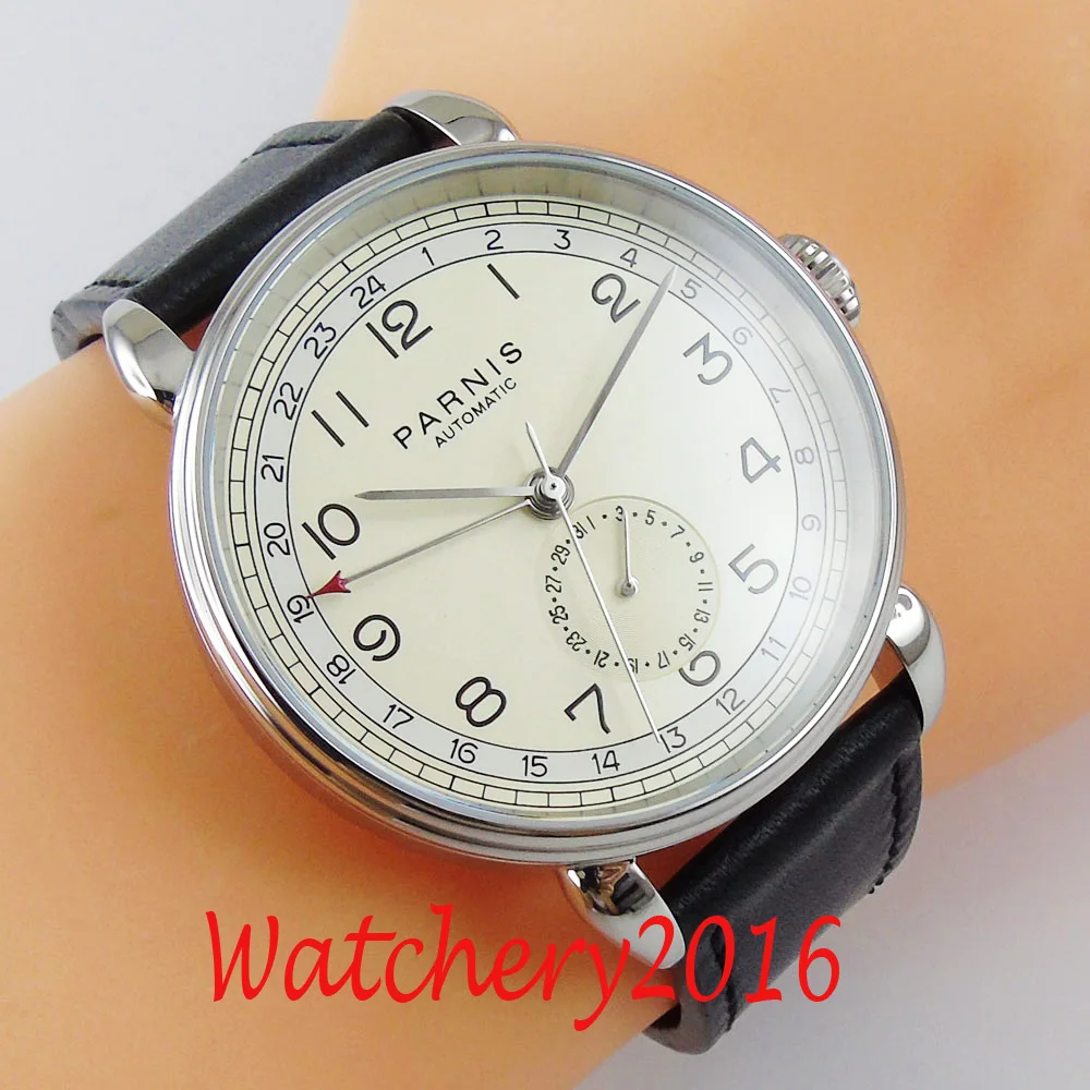 PARNIS 42mm GMT Silver Case Arab Mark Date Window Leather Strap Mens Top Leisure Automatic Mechanical Watch