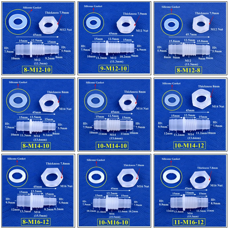 PP 파고다 직접 커넥터 및 너트 실리콘 개스킷, 수족관 탱크 공기 펌프, 관개 워터 호스 조인트, 5 ~ 200 개, M12 ~ M16 ~ 8 ~ 12mm
