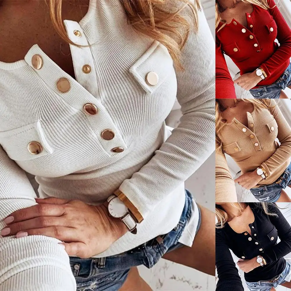 2020 ilkbahar sonbahar moda seksi kadınlar uzun kollu düz renk düğme-s nervürlü ince düşük kesim bluz M-5XL kadın bez
