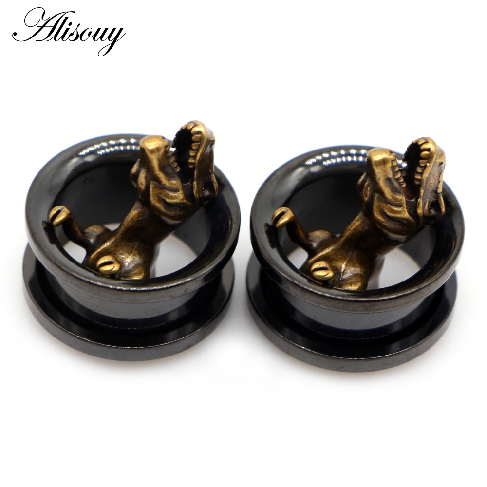 Alisouy 2pcs Fashion Dinosaur Ear Gauges Expander Stretchers Stainless Steel Earrings Plugs Tunnels Screw Piercing Body Jewelry