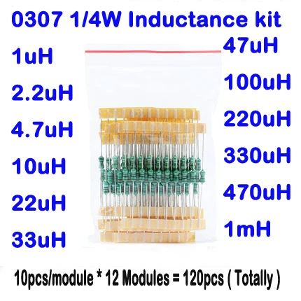 

120 шт. 0,25 Вт 0,5 Вт цветные кольцевые индукторы 1/4 Вт 0307 1/2 Вт 0410 индукторы 10 22 33 47 100 220 470 мкГн 1 мh набор индукторов в ассортименте