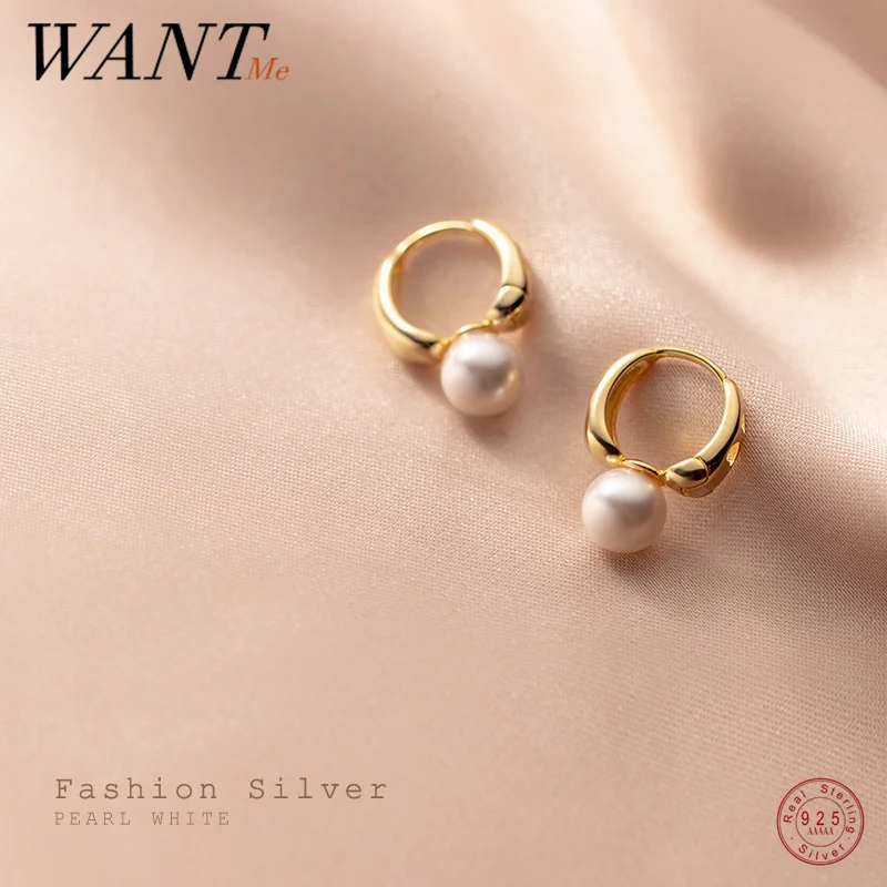 

WANTME Real 925 Sterling Silver Minimalist Korean Buckle Circle Pearl Stud Earrings for Women Unique Charms Wedding Jewelry Gift