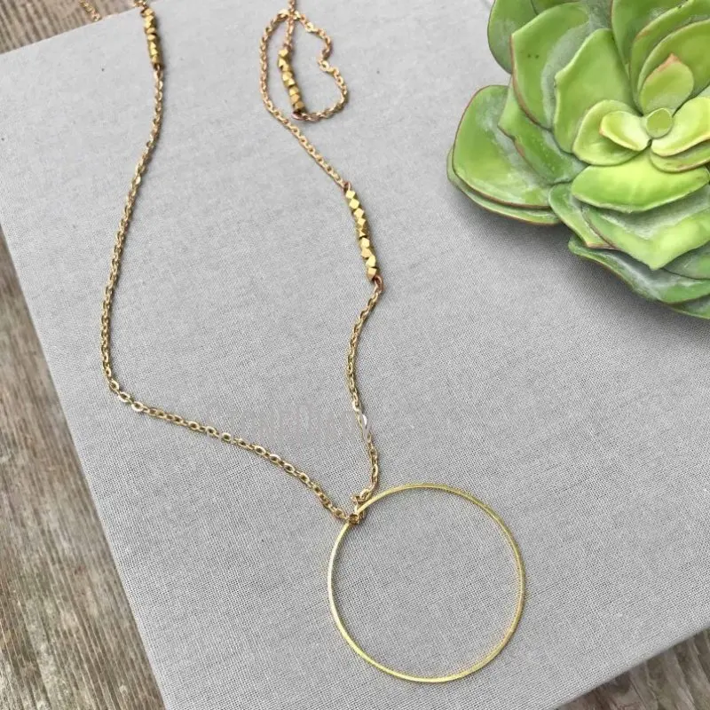 

NM11583 Brass Jewelry Dainty Loop Circle Pendant Gold Plated Chain Necklace Minimal Minimalist Gift