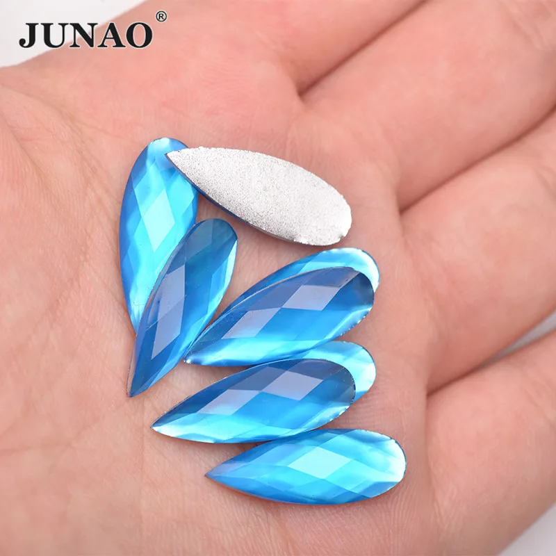 JUNAO 8*22mm Neon Blue Teardrop Rhinestone Flat Back Resin Applique Crystal Stone Non Hot Fix Strass Clothing Accessories Craft