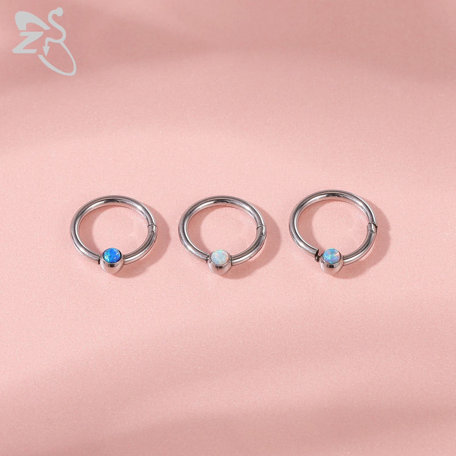 ZS 1PC Blue Opal Hoop Nose Ring For Women Men 8MM Stainless Steel Septum Clicker Ear Helix Cartilage Tragus Piercing Jewelry 16g