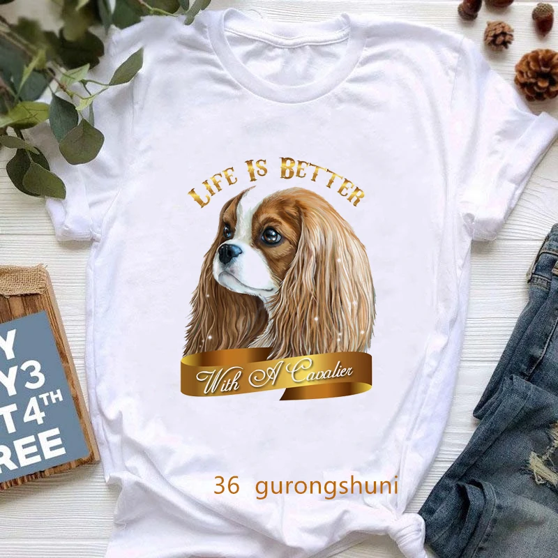 

Cavalier King Charles Spaniel Animal Print T-Shirt Women'S Clothing White Funny Tshirt Femme Harajuku Shirt Summer Tops Tee