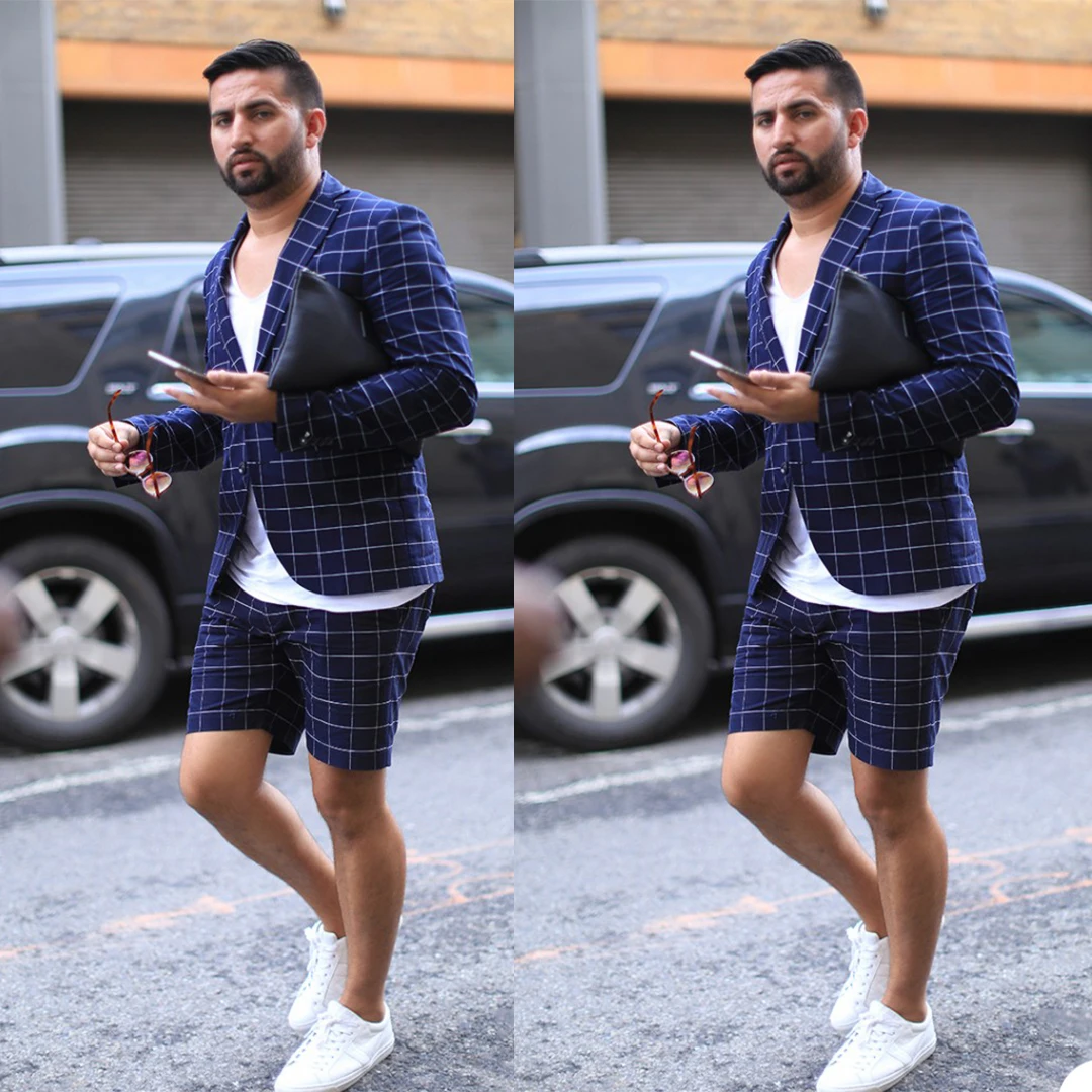 

Summer Navy Check Mens Short Suits High Quality Plus Size Wedding Blazer Suit Formal Prom Party Pants Coat Jacket 2 Pieces