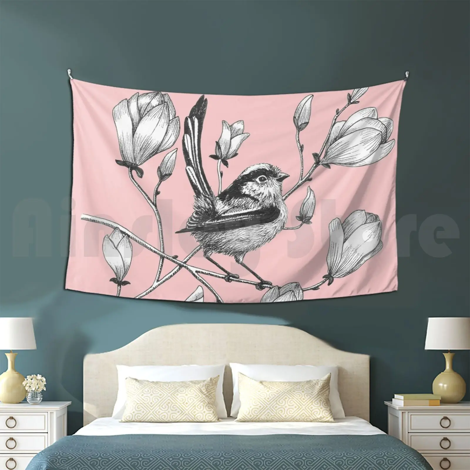 Tapestry Long Tailed Tit On Magnolia Tree 2434 Bird Tailed Tit Aviary Black And White Ink