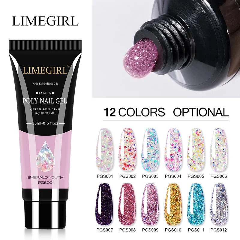 

Limegirl Glitter Poly Nail Gel Extension 15g Gel Polish All For Manicure Poly Building Nail Gel Semi Permanent Soak Off Nail Art