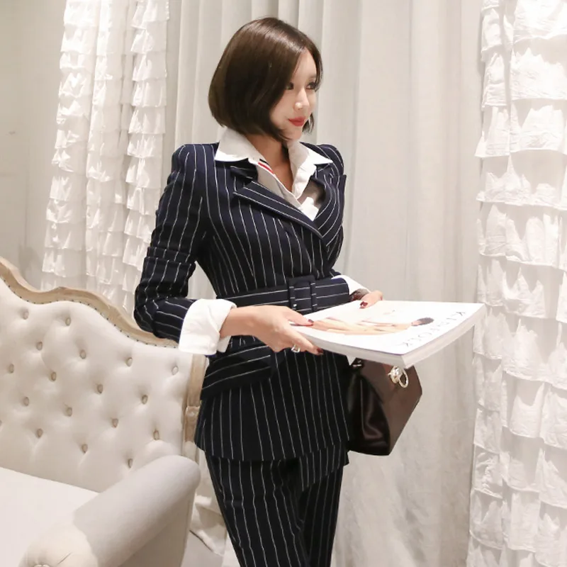 Women\'s Double Breasted Striped Blazer Jacket and Trouser, Office Lady Suit, Work Fashion Pant Suits, Spring, 2 Pcs Set