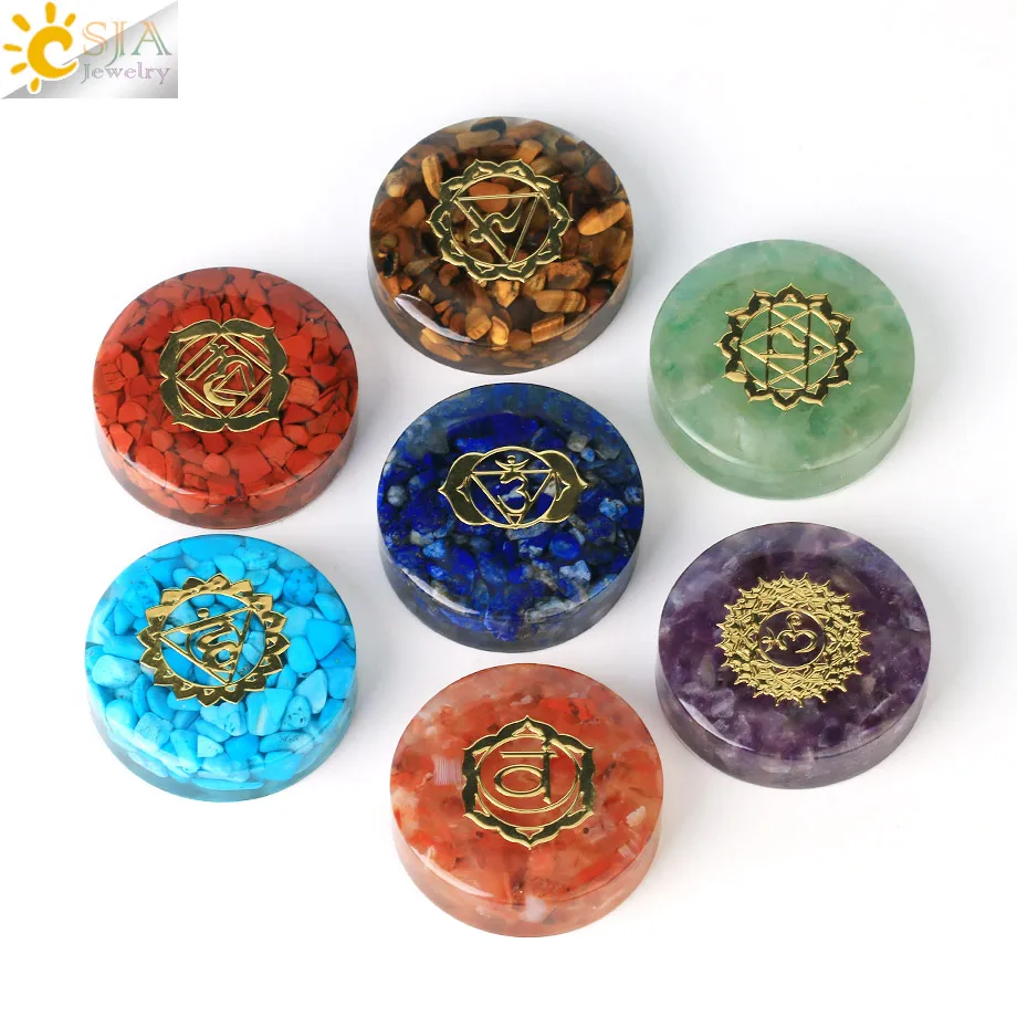 

CSJA Healing 7 Chakra Resin Set 100% Natural Gems Stones Crystal Quartz Ornaments Feng Shui Decor Reiki Spiritual Balancing G817