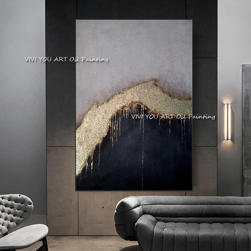 Gold Painting Black Grey Sea Ocean Waves Wall Art Handmade Nordic Posters Wall Pictures For Living Room Decoration