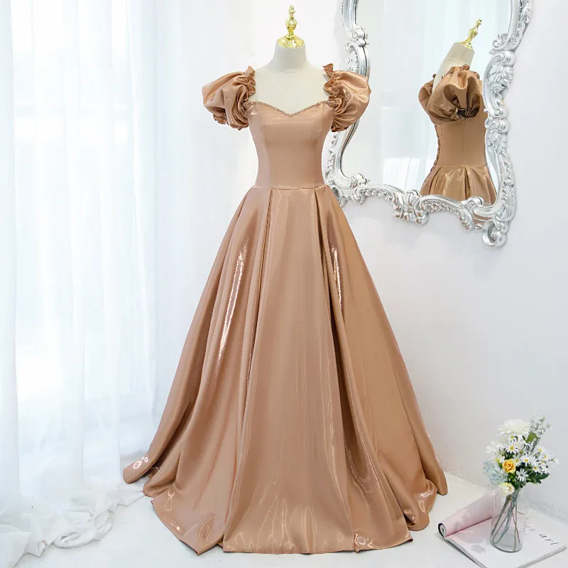 

Evening Dress Strapless Fashion Floor-Length Empire Short Sleeves Backless A-Line Simple Satin Party Formal Dresses Woman B1312