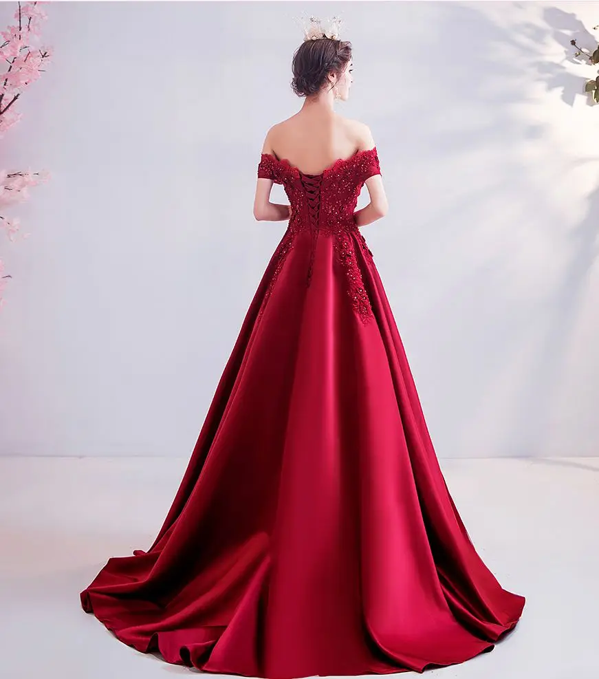 100% Real Pic Elegant Burgundy Evening Dresses 2020 Lace Applique Crystal Satin A Line Off Shoulder Long Prom Gowns Graduation