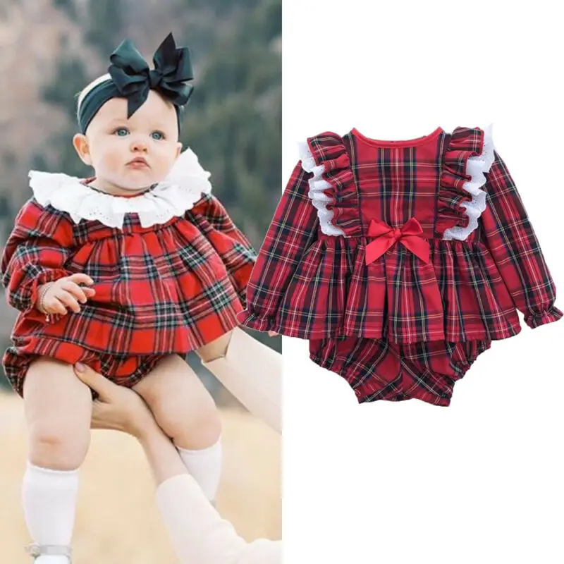 PUDCOCO  Christmas Newborn Baby Girl Plaid Clothes Ruffle Romper Jumpsuit Dress Shorts Pants Outfit 0-24M