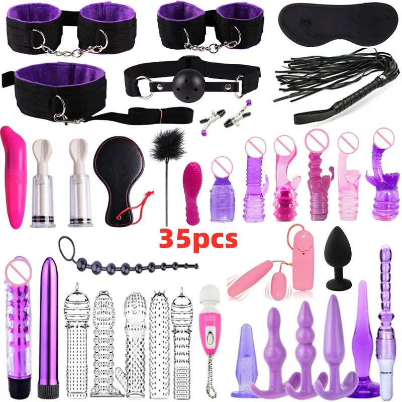 35Pcs BDSM Bondage Restraint Sex Handcuff Dildo Vibrator Masturbation Couple Anal Plug  Erotic Sex Product Adult Sex Toy Kit