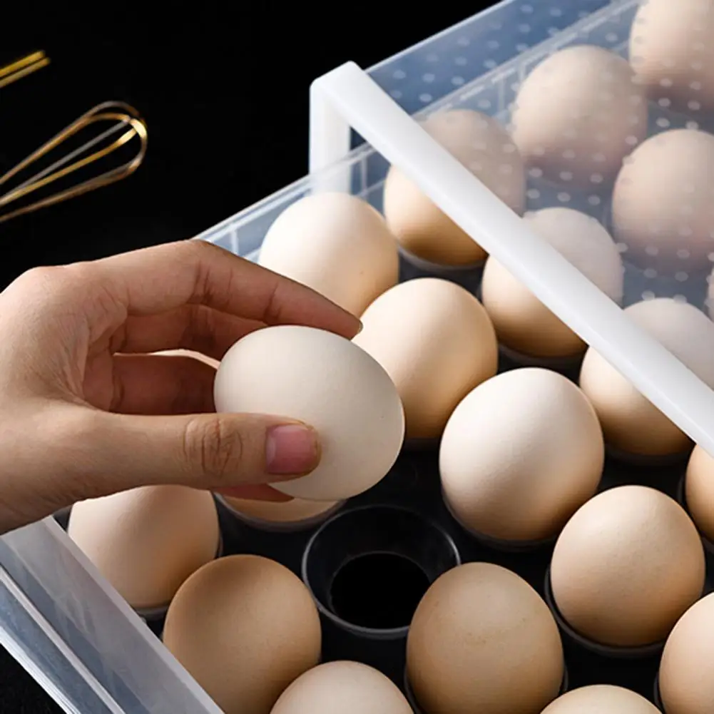 Single-Layer 30 Grid Egg Storage Rack Transparent Anti-collision With Lid And Drawer Stackable Kitchen Refrigerator Storage Box