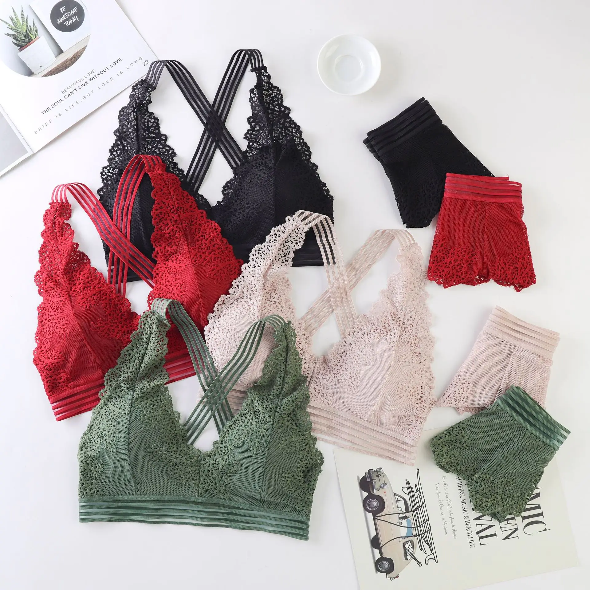 Deep V Lace Bras Women Sexy Lingerie Set Nonwire Bra Low Waist Briefs Padded Underwear Female Floral Lace Bra Panties Set